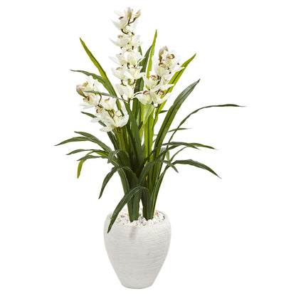 Nearly Natural 4ft. Cymbidium Orchid Artificial Plant in White Planter