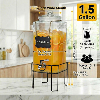 1.5 Gallon Glass Drink Dispenser, Drink Dispensers for Parties, Beverage Dispenser with Stand and Glass Lid, 100% Leakproof Spigot, Ideal for Lemonade, Juice, Iced Tea, Laundry Detergent