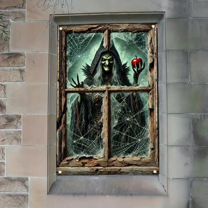 Tomhong Halloween Window Cover 31x47 Inch Witch Holding Apple Cobweb Horror WindowBanner Holiday Decoration Haunted House Indoor Outdoor Spooky Wall Decor