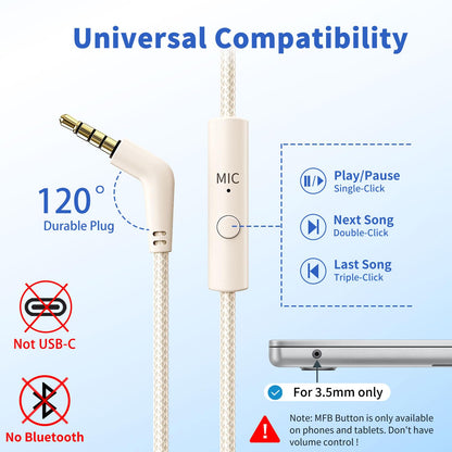Botesty Sound Headphones Wired with Microphone, Over Ear Foldable 3.5mm Plug in Headphones Corded with 4.9ft Tangle-Free Nylon Cord for Tablet, Laptop, MP3/4, School, Airplane Travel (Beige)