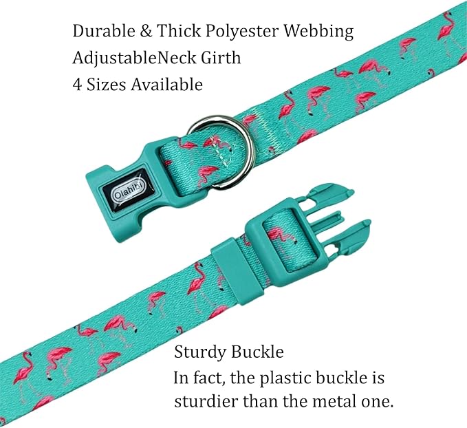 Dog Collar Leash Set, Flamingo Pattern, Polyester Material, Adjustable Collar and 5ft Matching Leash, for Medium Dogs.(M, Green Flamingo)
