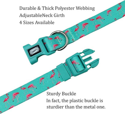 Dog Collar Leash Set, Flamingo Pattern, Polyester Material, Adjustable Collar and 5ft Matching Leash, for Puppy Dogs.(XS, Green Flamingo)