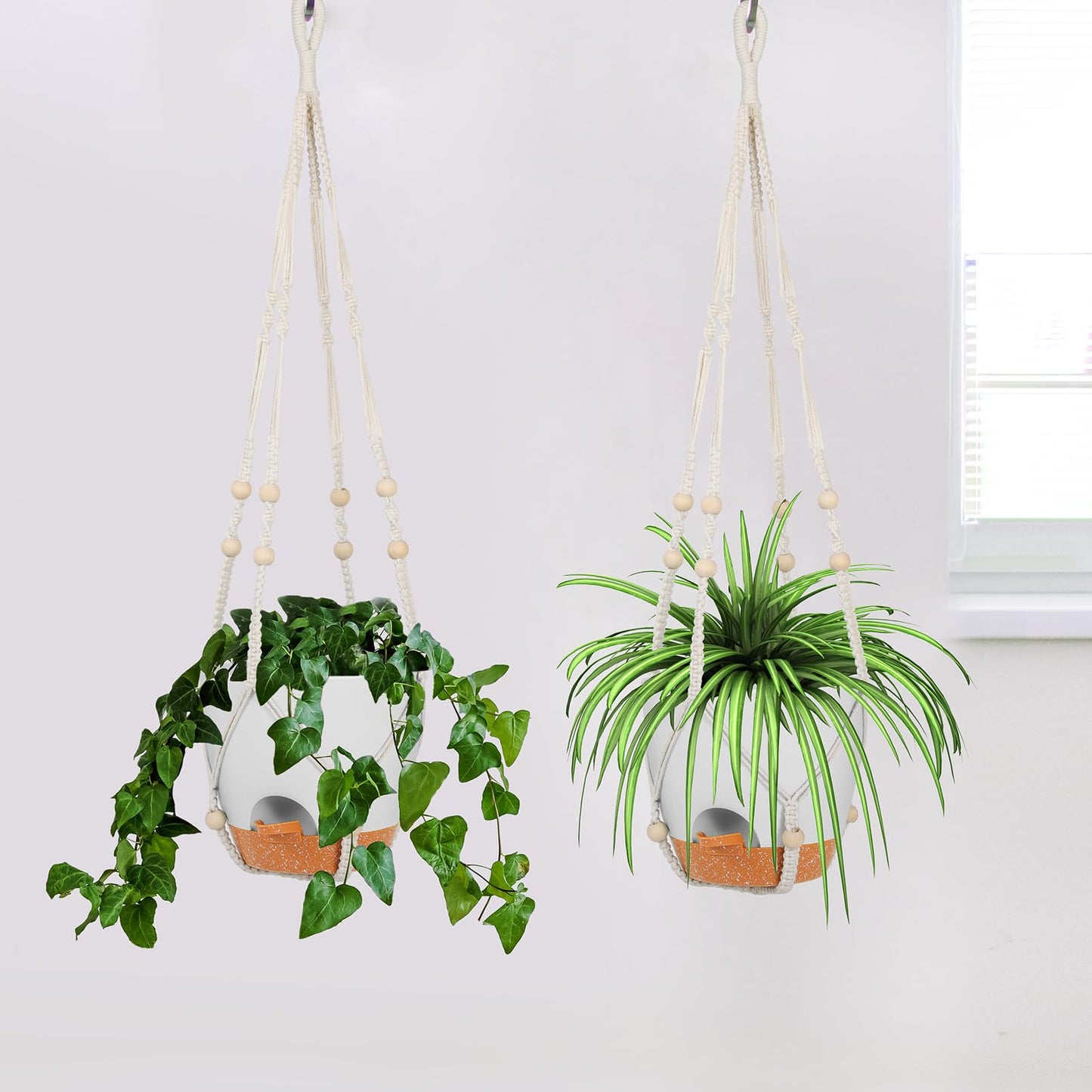 GARDIFE 8 Inch Hanging Planters with Macrame Plant Hanger for Indoor and Outdoor Plants, 2 Pack Large Self Watering Hanging Plant Pot with Basket Flower Pot with Drainage Hole, White