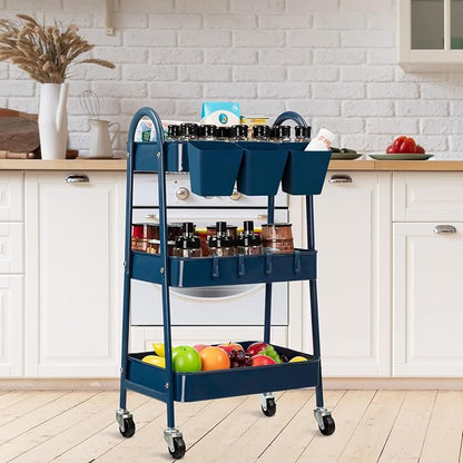 danpinera 3-Tier Rolling Cart, Utility Cart Mobile Metal Rolling Storage Cart with Lockable Wheels & Hanging Cups & Hooks for Kitchen, Bathroom, Office, Workshop, Dark Blue