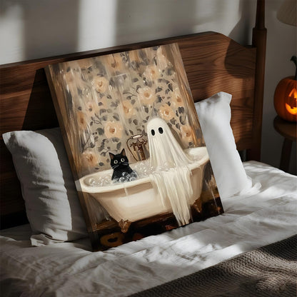 Halloween Ghost Bathroom Canvas Wall Art, Horror Ghost and Cute Black Cat in Bathtub Pictures Wall Decor, Gothic Dark Academia Paintings Prints for Toilet Dorm 12x16 inch Framed