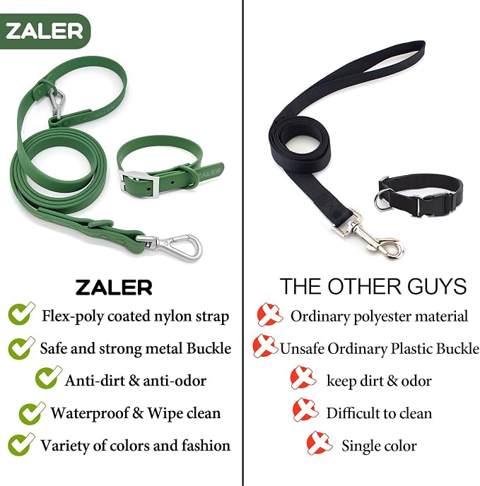 ZALER Dog Collar and Leash Set, Waterproof Adjustable Odor Proof Pet Collars Leashes Easy to Clean, 6FT Dog Leash with 2 Hooks for Large, Medium Small Dogs (M, Green)