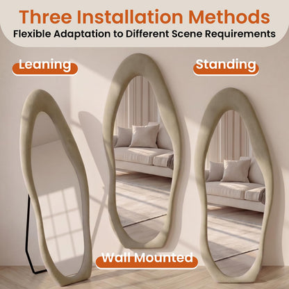 ZHUNFA Full Length Mirror,65×24 Mirror Full Length Wall Mounted Wrapped in Flannel,Featuring an Irregular Cloud Shaped Design,Room,Bedroom,Living Room Home Decor,Light Coffee.
