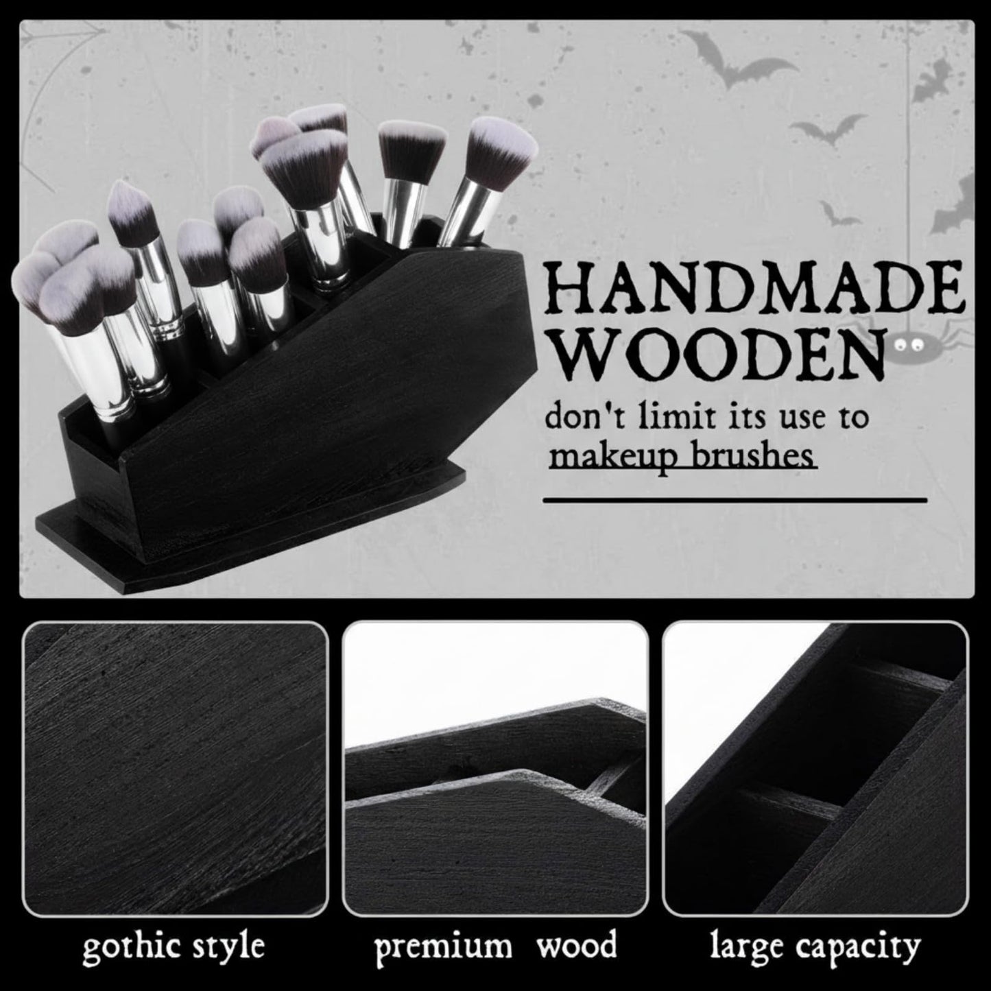 Fiwochic Coffin Wooden Holder Organizer Gothic Home Decor Spooky Gothic Gift for Pencil Makeup Brush Utensil Remote Control Toothbrush