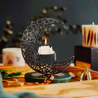 MrMrKura Moon Candle Holders Set of 2, Metal Tealight Candle Holder for Table Centerpiece Decorative Votive Candlesticks Holder for Party Home Decor (Black)