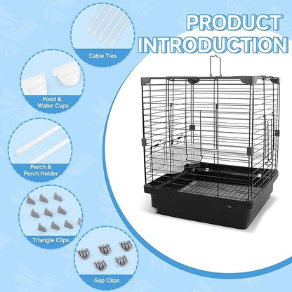 Small Bird Cage - 12x12x14.6 in Lightweight Travel Outdoor Birdcage for Parakeets, Budgies & Canaries and More Small Birds, Bird Carrier with Handle, Stand, Removable Tray, Portable for Hanging, Black
