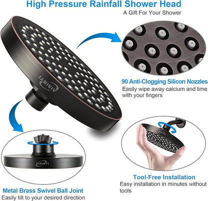 High Pressure Rainfall Shower Head, 6 Inches Modern Showerhead with Perfect Adjustable Replacement, Removable Restrictor, Easy Installation for Your Bathroom Shower Heads (Oil Rubbed Bronze)