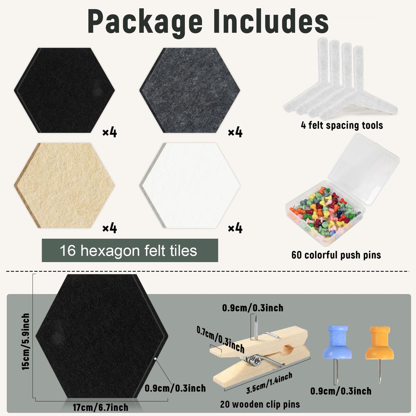 16Pcs Hexagon Felt Cork Board Tiles Self Adhesive Hexagon Wall Tiles with 60 Push Pins 20 Wooden Clips DIY Bulletin Board Pin Boards for School Office Home Photos Memos Display (Black Grey)