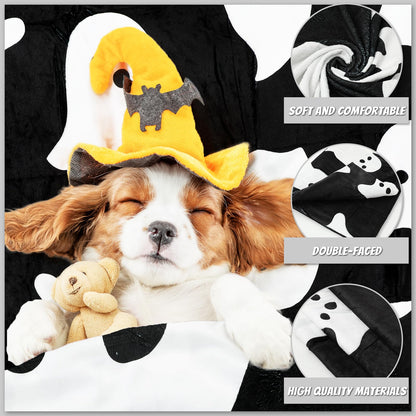 JarThenaAMCS Halloween Ghost Fuzzy Blanket Black White Cute Ghost Boo Throw Blanket Double-Sided Soft Cozy Flannel Blankets for Party Home Bed Sofa Couch, 50 x 60 Inch