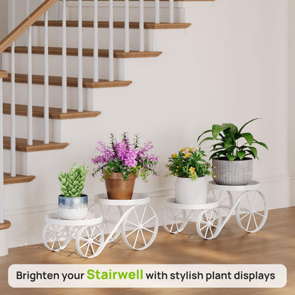 Cute Plant Stand Indoor Outdoor 2-Tier Metal Heavy Duty Flower Pot Holder with Decorative wagon wheels, Multi-Use Planter Display Rack Shelf for Garden Patio Balcony Living Room Corner (White)