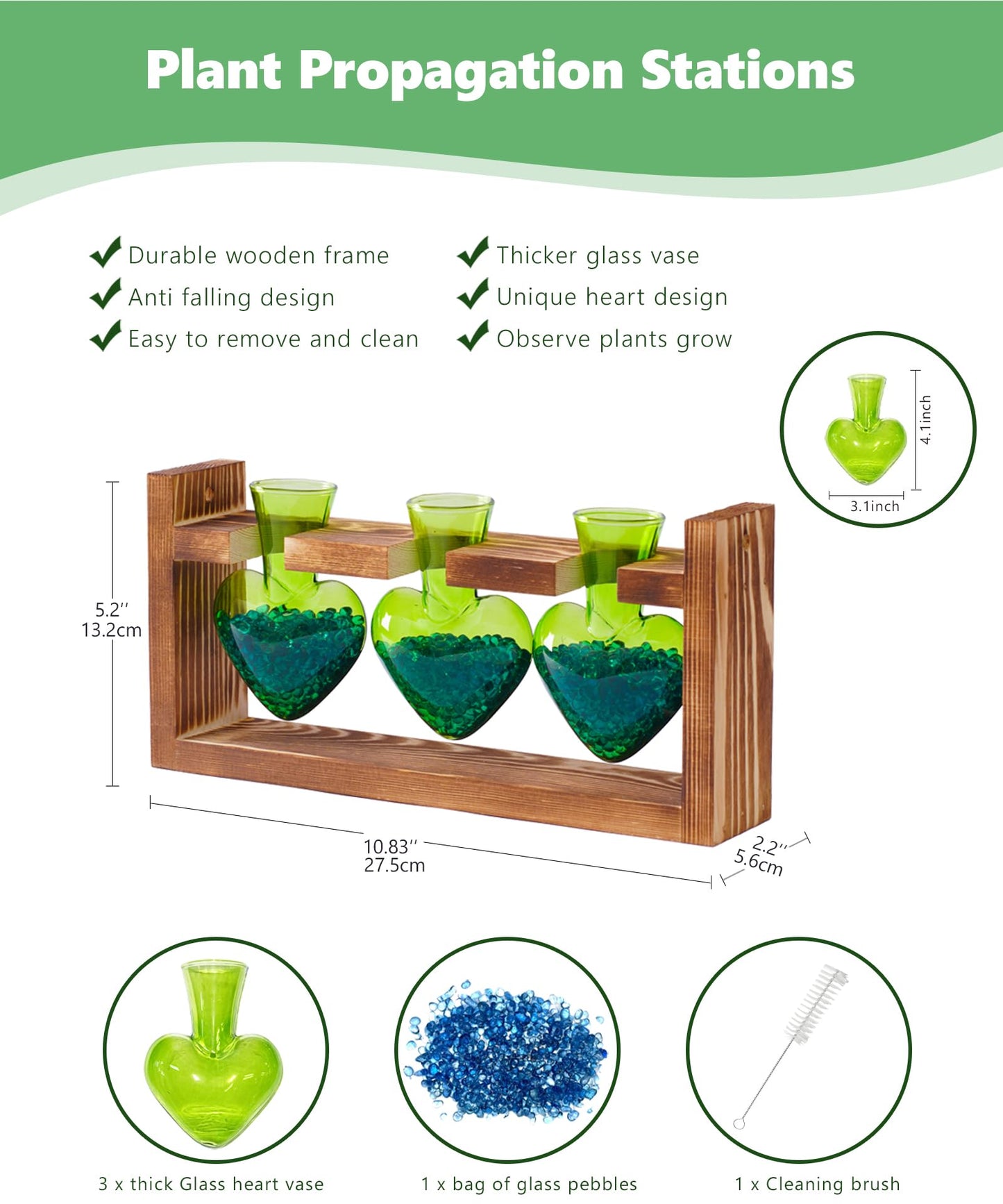 Nacome Plant Terrarium Propagation Stations: Mothers Day Gifts for Mom Plant Lovers Women Wife Daughter - 3 Bulb Glass Vase with Wooden Stand Tabletop for Hydroponics Home Garden Decor(Green)