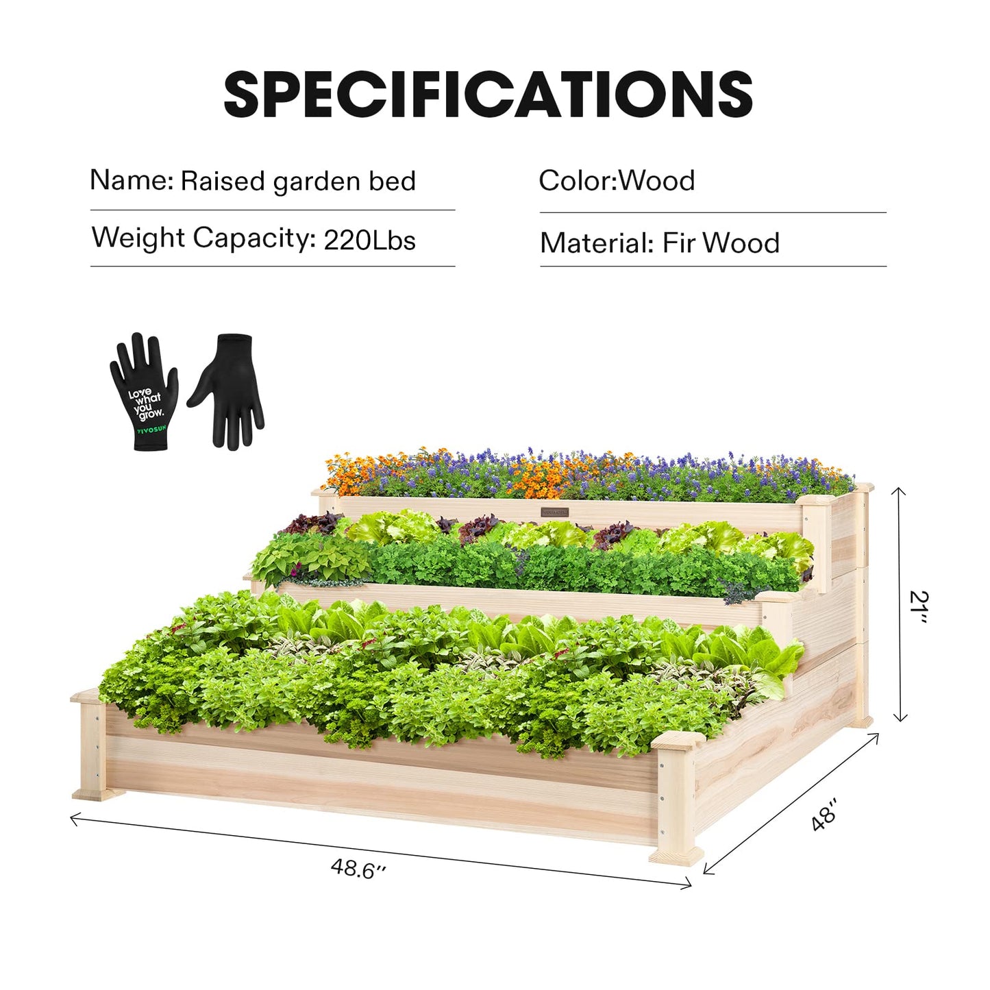 VIVOSUN 3-Tier Wooden Raised Garden Bed, 48 x 48 x 21 Inches, Outdoor Wood Planter Kit for Plants, Herbs, and Vegetables for Garden, Patio, Balcony, Backyard and Outdoors