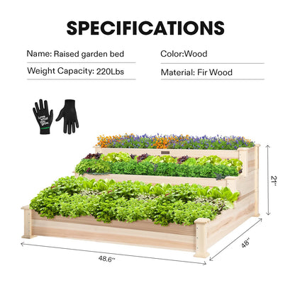 VIVOSUN 3-Tier Wooden Raised Garden Bed, 48 x 48 x 21 Inches, Outdoor Wood Planter Kit for Plants, Herbs, and Vegetables for Garden, Patio, Balcony, Backyard and Outdoors