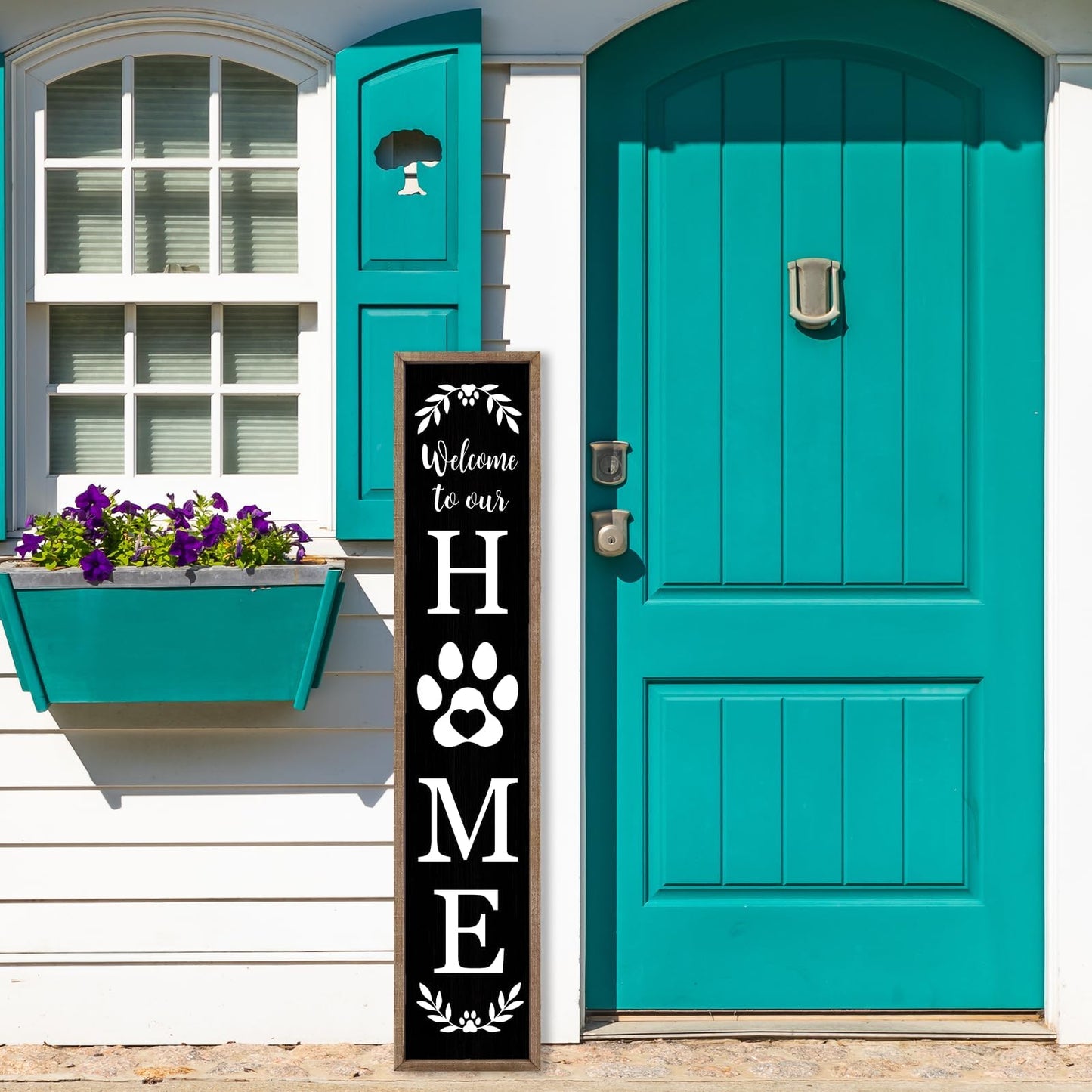 Welcome To Our Home Sign for Front Porch Standing 45X9 Farmhouse Outdoor Front Door Dog Paw Welcome Print Large Rustic Wooden Framed Long Outside Tall Vertical Hanging Decor (Wood Black)