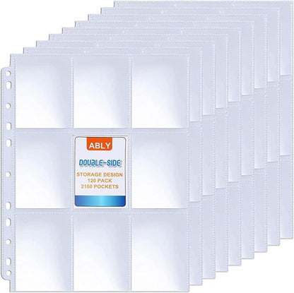 ABLY 120 Pages Double-Sided Trading Card Pages Sleeves 9-Pocket Clear Plastic Game Card Protectors for Skylanders, Pokemon, Baseball Cards and More, Fit 3 Ring Binder