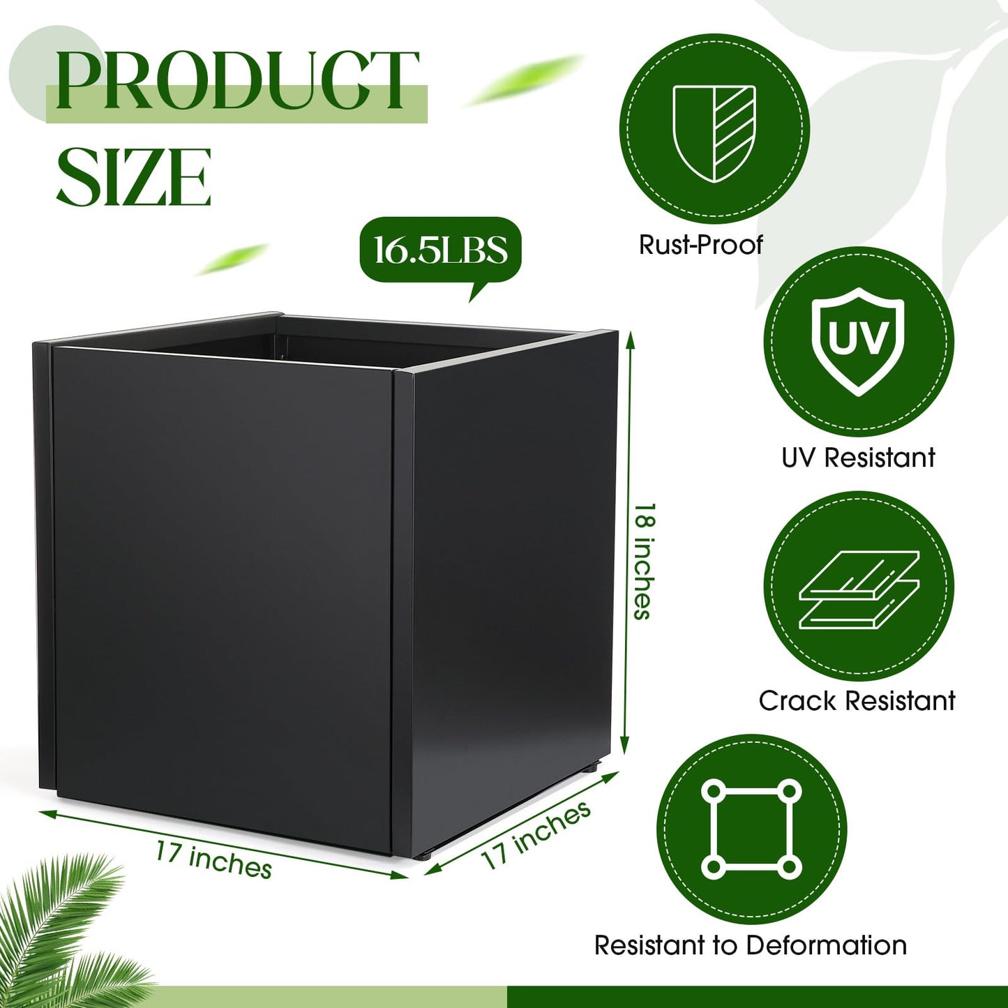 RimCereal 1 Pcs Extra Large Black Square Planter Box Outdoor 17" L x 17" W x 18" H Heavy Galvanized Steel Planters with Drainage Holes Divider for Patio Porch Tall Plants