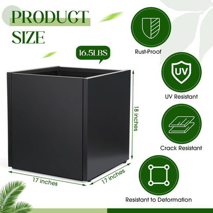 RimCereal 1 Pcs Extra Large Black Square Planter Box Outdoor 17" L x 17" W x 18" H Heavy Galvanized Steel Planters with Drainage Holes Divider for Patio Porch Tall Plants