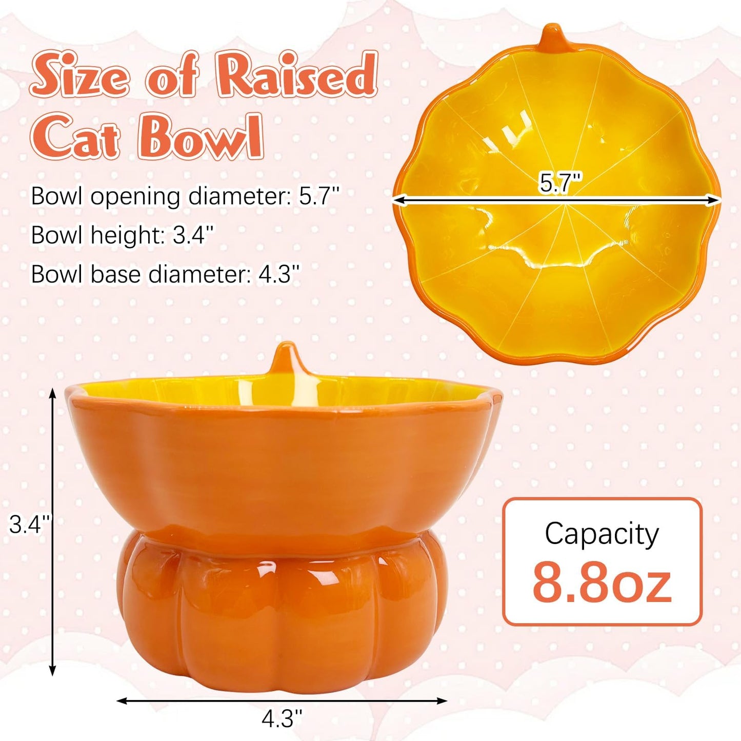 Hamiledyi Ceramic Raised Cat Bowl Tilted 15° Elevated Cat Bowl for Food or Water Anti Vomiting and Whisker Fatigue Cute Pumpkin Shaped Pet Feeder Bowl for Indoor Cats Kitten and Dogs (Orange Pumpkin)