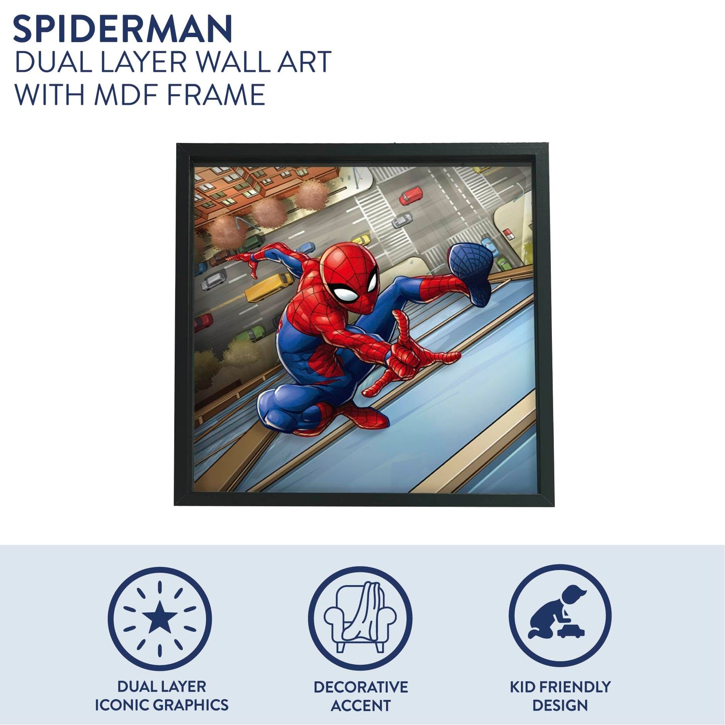 Idea Nuova Marvel Spiderman Childrens Dual Layer Wall Hanging Art Décor,MDF Frame, 16"x16"