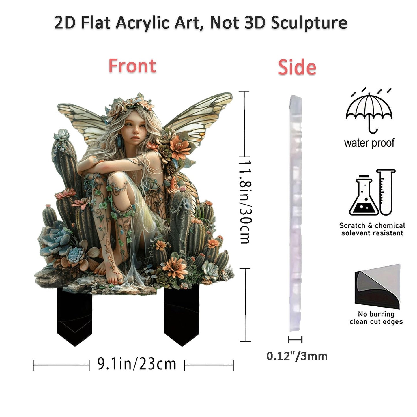 ANNUOZE Fairy Garden Stake Decor, 2D Flat Acrylic Fairy Garden Decor Panel, Elf Yard Sign for Outdoor Indoor Yard Lawn Plants Pots, Fairy Garden Accessories (Cactus Fairy)