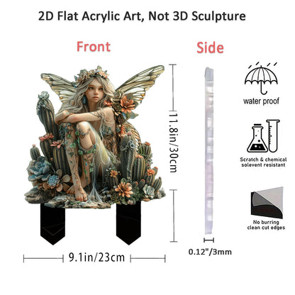 ANNUOZE Fairy Garden Stake Decor, 2D Flat Acrylic Fairy Garden Decor Panel, Elf Yard Sign for Outdoor Indoor Yard Lawn Plants Pots, Fairy Garden Accessories (Cactus Fairy)