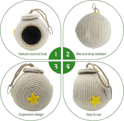 Tfwadmx Natural Coconut Fiber Hanging Birdhouse for Cage Coconut Hide with Loop Coconut Bird Shell Breeding Nest for Parrot Parakeet Lovebird Finch Canary, Pet Cage Habitats Decor,Small Animals House