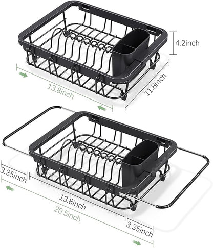 Urackify Expandable Dish Drying Rack Over The Sink, Adjustable Dish Rack in Sink, Rustproof Dish Drainer for Kitchen Counter, Dish Strainer with Utensil Holder (Black, Standard)