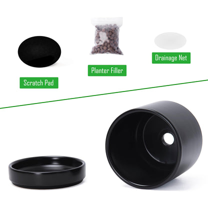 D'vine Dev 3.5 Inch & 4.7 Inch Ceramic Planter Pots for Plants with Drainage Hole and Saucer, X-Small Plant Pots Set, Black, 94-G-XS-2