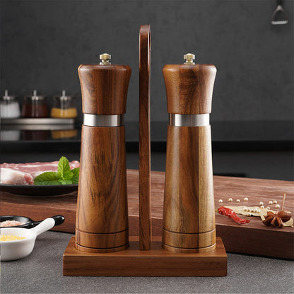 Ninefish Wooden Salt and Pepper Grinder Kit,Wood pepper mill,8-inch manual Teak Wooden Salt and Pepper Shakers, Pepper and salt grinders are combined with Wooden Stand Holder Tray and Wooden Spoon