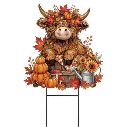Amyhill Fall Highland Cow Outdoor Decor Autumn Harvest Highland Cow Metal Garden Stakes Fall Pumpkin Maple Leaves Farmhouse Outdoor Yard Signs for Home Lawn Porch Patio Thanksgiving Decor