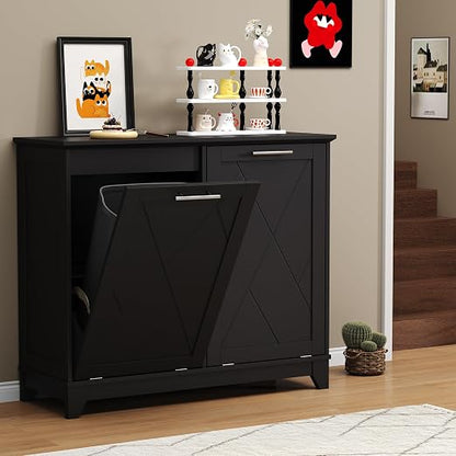 Double Tilt Out Trash Can Cabinet with Charging Station, Negative Ion Odor Control, Hidden Dual 10-Gallon Recycling Cabinet, Dog Proof Garbage Can for Kitchen, Laundry, Dining Room,Black