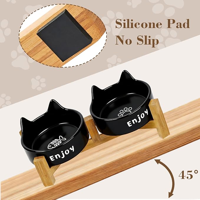 Ceramic Dog and Cat Bowl Set with Wooden Stand Elevated Non-Slip Weighted Anti-Spill Matte Finish for Cats Kittens Small Dogs-Black Cat Ear-6.76 OZ