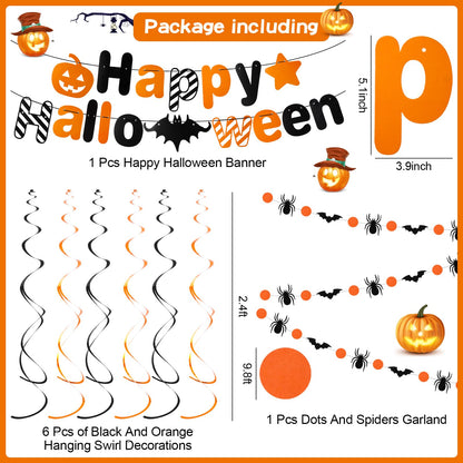 VinTS Happy Halloween Party Decoration,Black Orange Halloween Banner with Hanging Swirls,Circle Confetti Dots,Honeycomb Ball,Tissue Paper PomPoms for Wall Window Indoor Decor