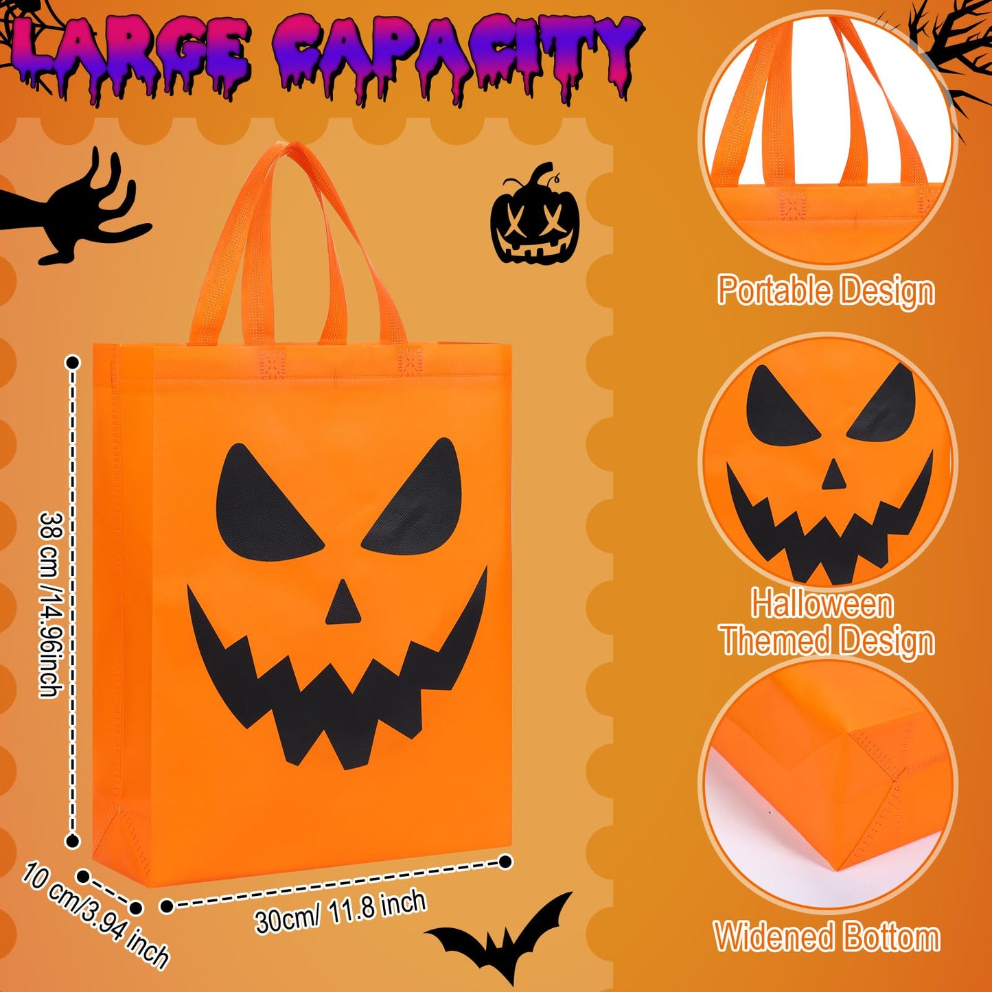 Sanwuta 48 Pcs Halloween Tote Gift Bags 14.9 x 11.8 Large Treat or Trick Pumpkin Reusable Non Woven Candy Goodies Bag for Halloween