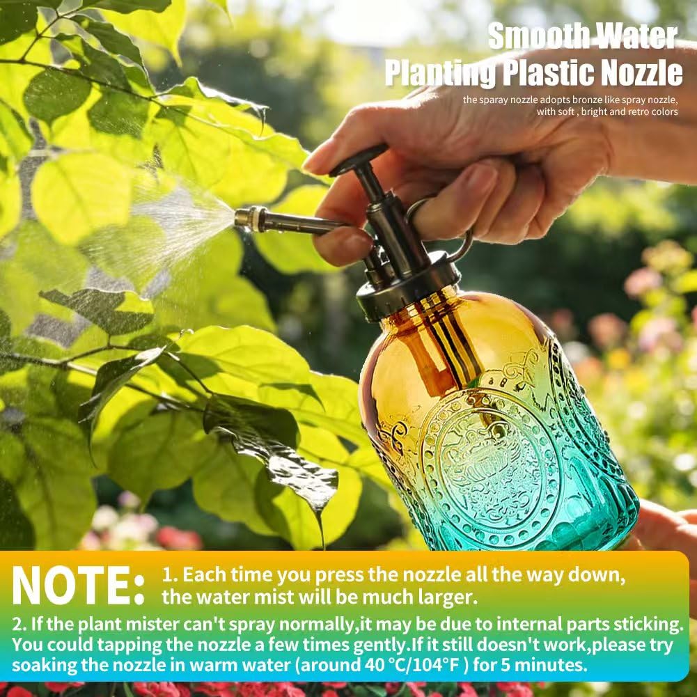 35 oz/1000 ml Metal Indoor Small Watering Can with Long Spout for House Plants Decorative, 12 oz/360 ml Glass Plant Mister Spray Bottle for Bonsai Garden Flowers(Green)