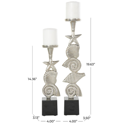 Deco 79 Aluminum Metal Shell Decorative Candle Holder Candle Stand with Black Marble Bases, Set of 2 Candlestick Holder 20", 14" H, Silver