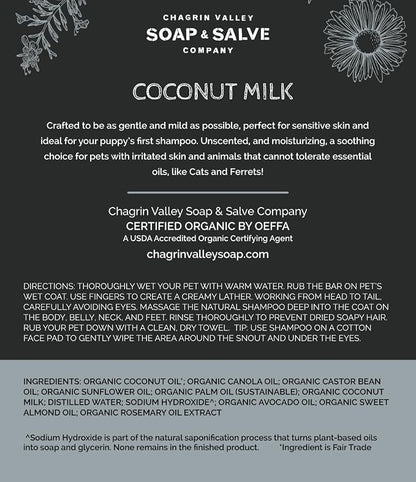 Chagrin Valley Soap & Salve Certified Organic Dog Shampoo and Conditioner – Dog Shampoo Itchy Skin Relief and Puppy Essentials - Natural Handmade Coconut Milk, 3.8 oz Bar