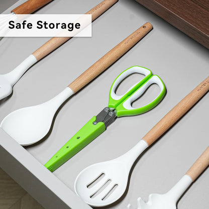 5 Blades Herb Scissors - Professional Kitchen Shears with Safety Cover for Cutting Green Onions, Fresh Herbs, Vegetables & Salad Food Prep, Must-Have Cooking Gadgets (Green, White, 8.7 inch)