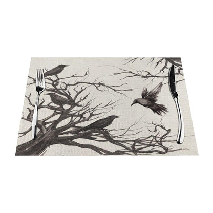 Halloween Placemats 12x18 Inches Set of 4,Black Crows Decorative Rectangle Autumn Halloween Decoration Fall Linen Black Table Mats for Party,Home Kitchen,Dining Table Decorn