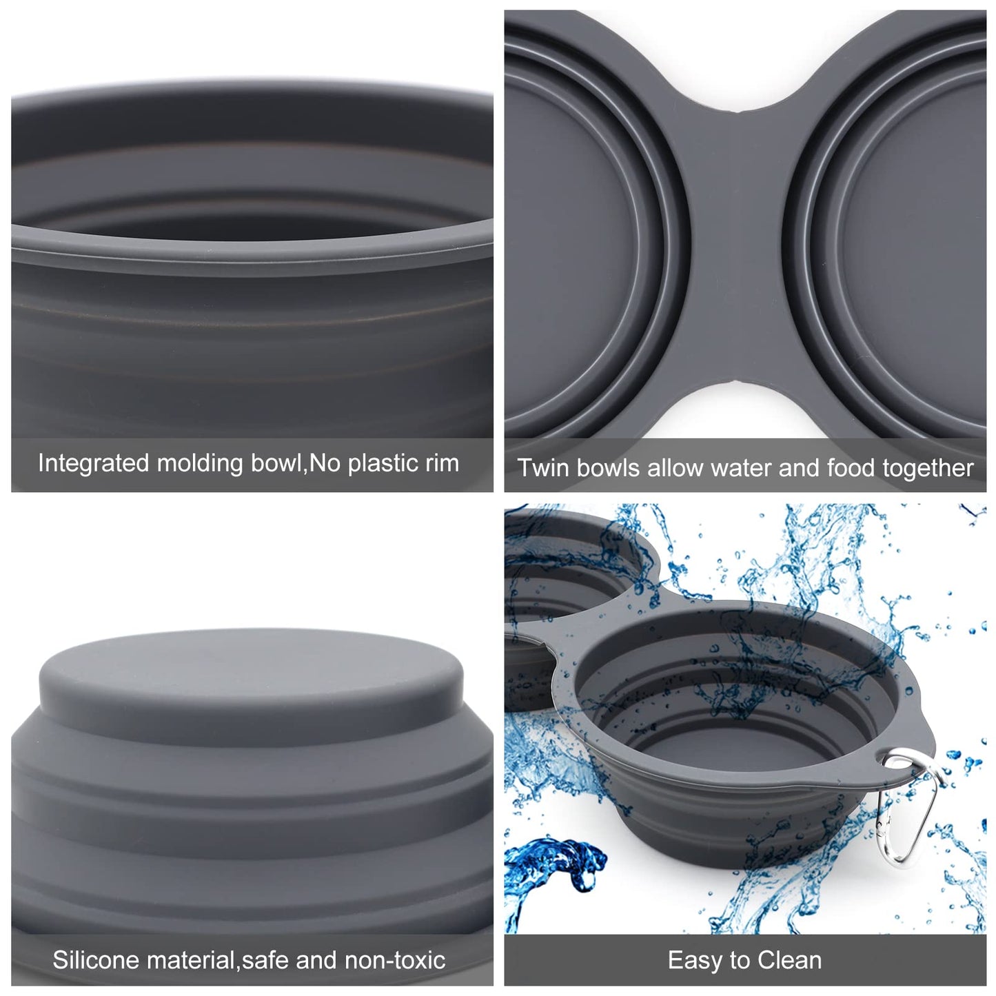 SLSON Collapsible Dog Bowls,Integrated Molding Dog Double Bowl No Plastic Rim 2 in 1 Foldable Pet Food & Water Bowl Cat Feeder Dish for Walking,Hiking,Camping (Cold Grey)