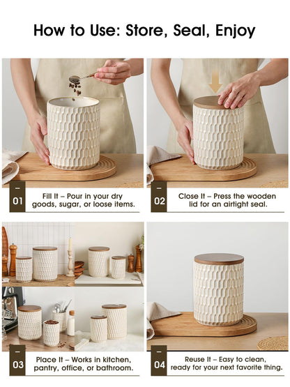ArteBake Ceramic Canisters Sets for the Kitchen, Flour Sugar Storage Containers, Diamond-Patterned Design, Coffee Canister with Airtight Lid for Counter Spice and Food (White Sets of 2)