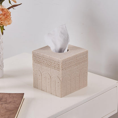 Beige Tissue Box Cover – Modern Resin Cube Holder for Bathroom, Bedroom, Office – Decorative Square Tissue Box for Countertop, Nightstand, Vanity & Desk – Heavy&Sturdy