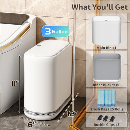 Small Bathroom Trash Can with Lid, 3 Gallon Slim Garbage Bin with Pop-Up Lid & Air-Pressure Bag Lock, Mini Waste Basket for Bathroom, Bedroom, Kitchen, Office, Rv, White - Includes 75 Bags (5 Rolls)