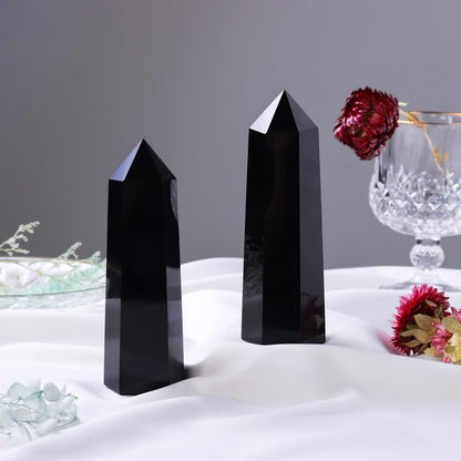 Runyangshi Large Black Obsidian Healing Crystal Wand 4.72"-5" Crystal Tower 6 Faceted Single Point Crystal Prism Wand Natural Quartz Stones for Meditation Reiki Chakra Therapy Home Decor Gift