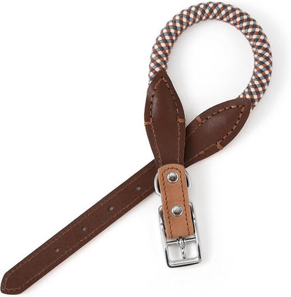 Mile High Life Genuine Leather Dog Collar, Durable Braided Cotton Rope Collar with Metal Pin Buckle for Small Medium Large Dogs (Brown Plaid, S Neck 11"-15")