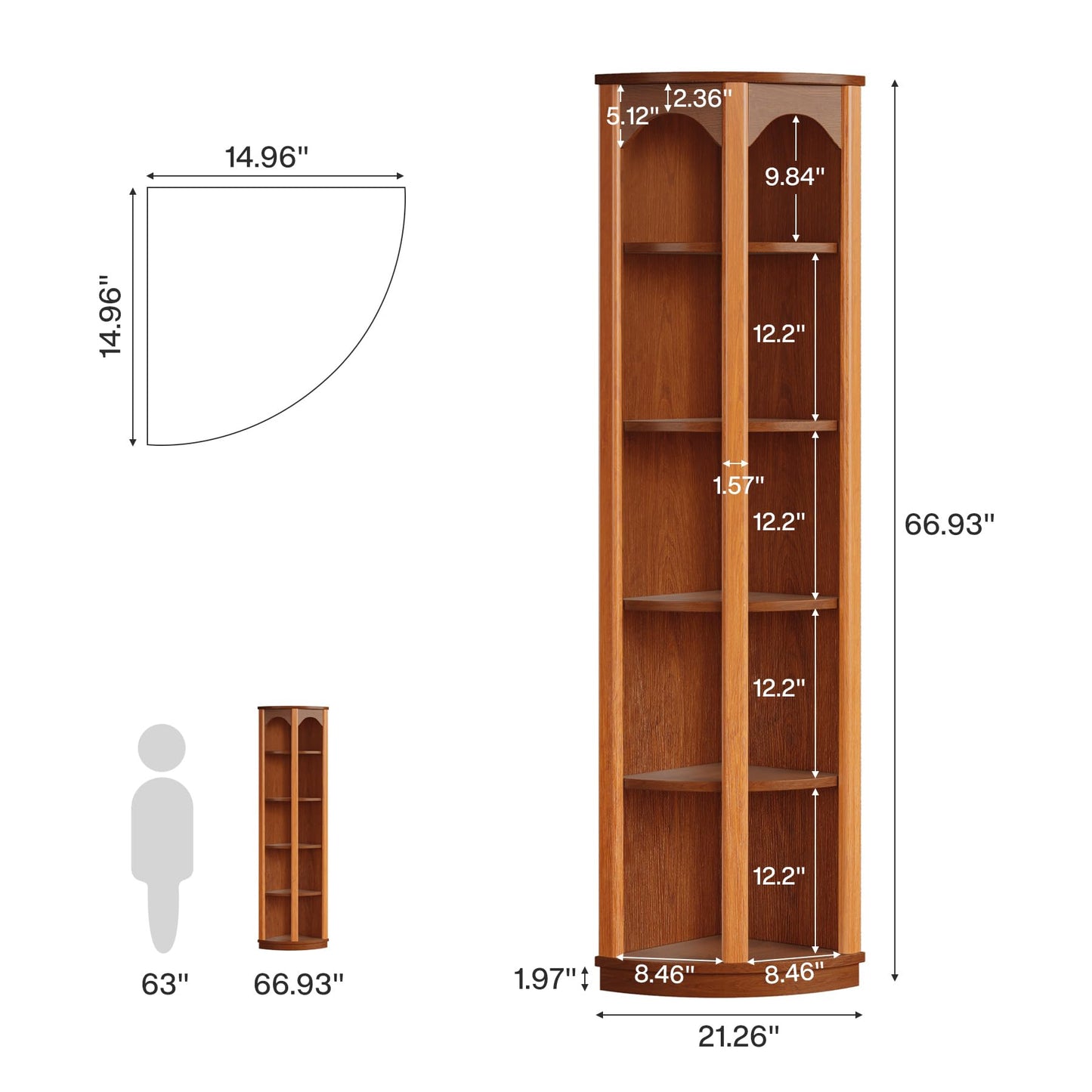 Tribesigns 5-Tier Corner Shelf, 67-Inch Tall Corner Bookshelf Bookcase with Unique Shape, Narrow Shelving Unit Storage Rack for Living Room, Home Office, Kitchen, Small Space